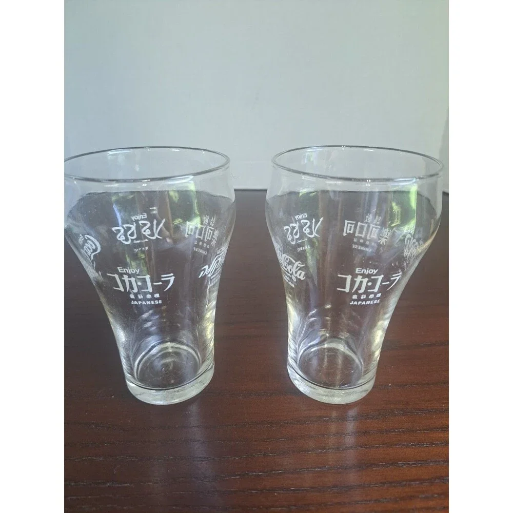 Set Of 2 Bell Shape Coke Glasses With Hebrew, English, Chinese, Japanese And...
